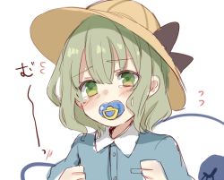 Rule 34 | 1girl, black bow, blue shirt, blush, bow, buttons, clenched hands, collared shirt, crying, crying with eyes open, eyeball, green eyes, green hair, hair between eyes, hat, hat bow, kindergarten uniform, komeiji koishi, looking at viewer, medium hair, pacifier, paragasu (parags112), shirt, simple background, solo, tearing up, tears, third eye, touhou, upper body, wavy hair, white background, yellow hat