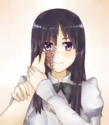 Rule 34 | 10s, 1girl, artist request, blouse, blush, hair over one eye, hand on another&#039;s cheek, hand on another&#039;s face, ikezawa hanako, katawa shoujo, long hair, looking at viewer, purple eyes, purple hair, scar, shirt, simple background, smile, white shirt