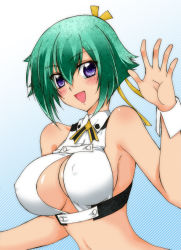 Rule 34 | 10s, aquarion (series), aquarion evol, blush, breasts, cleavage, cleavage cutout, clothing cutout, covered erect nipples, fang, green hair, large breasts, smile, zessica wong