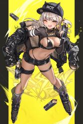 1girl ;d bandaid bandaid_on_knee bandaid_on_leg barbell_piercing baseball_cap belt bikini bikini_under_clothes black_belt black_bikini black_hat black_jacket black_shorts blonde_hair blush breasts brown_eyes colored_inner_hair commentary_request dark-skinned_female dark_skin earrings english_text floating_hair grey_hair hair_ornament half-closed_eye hand_on_own_hip hat highleg highleg_bikini highres holding horned_hat jacket jewelry large_breasts leaning_forward lightning_bolt_symbol long_hair long_sleeves looking_at_viewer mole mole_on_cheek multicolored_hair navel necklace one_eye_closed one_side_up open_clothes open_fly open_jacket open_mouth original paint_can piercing pillarboxed short_eyebrows short_shorts shorts shrug_(clothing) signature skates smile solo standing swimsuit t-track teeth thigh_strap two-tone_hair underbust upper_teeth_only yellow_background