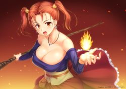 Rule 34 | 1girl, bare shoulders, breasts, brown eyes, brown hair, cleavage, dragon quest, dragon quest viii, earrings, fire, fire, jessica albert, jewelry, large breasts, looking at viewer, miyai sen, necklace, open mouth, shiny skin, shirt, solo, staff, taut clothes, taut shirt, twintails
