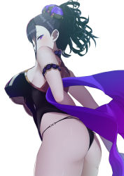 Rule 34 | 1girl, arm strap, ashino moto, ass, bare shoulders, black one-piece swimsuit, blush, breasts, fate/grand order, fate (series), flower, flying sweatdrops, gold trim, hair flower, hair ornament, hair up, highleg, highleg swimsuit, highres, large breasts, long hair, looking at viewer, murasaki shikibu (fate), murasaki shikibu (swimsuit rider) (fate), murasaki shikibu (swimsuit rider) (first ascension) (fate), one-piece swimsuit, purple eyes, simple background, swimsuit, thighs, white background