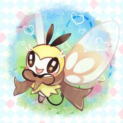 Rule 34 | :d, antennae, blush, brown scarf, creatures (company), flying, full body, game freak, gen 7 pokemon, insect wings, looking at viewer, nintendo, no humans, open mouth, own hands together, pokemon, pokemon (creature), pokemon sm, putto, ribombee, scarf, smile, solo, sparkling eyes, tongue, wings
