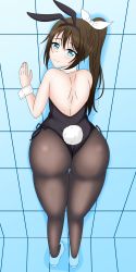 Rule 34 | 1girl, absurdres, animal ears, aqua eyes, aqua footwear, artist name, artist request, bare shoulders, black leotard, blue eyes, blush, bow, breasts, brown hair, brown pantyhose, female focus, from behind, full body, hair between eyes, half updo, high heels, high ponytail, highres, indoors, leotard, long hair, looking at viewer, looking back, love live!, love live! nijigasaki high school idol club, osaka shizuku, pantyhose, parted lips, playboy bunny, ponytail, rabbit ears, rabbit tail, side-tie leotard, smile, solo, standing, white bow, white wrist cuffs, wing collar, wrist cuffs