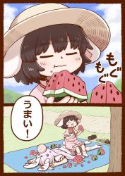 Rule 34 | 2girls, animal ears, black hair, commentary request, dress, eating, food, frilled dress, frilled sleeves, frills, fruit, hat, highres, inaba tewi, long hair, multiple girls, pink dress, pink hair, poronegi, puffy short sleeves, puffy sleeves, rabbit ears, rabbit tail, reisen udongein inaba, ribbon-trimmed dress, shirt, shoes, unworn shoes, short hair, short sleeves, socks, sun hat, tail, touhou, translated, watermelon, white shirt