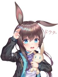 Rule 34 | 1girl, absurdres, aged down, amiya (arknights), animal ear fluff, animal ears, arknights, ascot, bad id, bad pixiv id, black jacket, blue eyes, blush, brown hair, character name, commentary request, frilled ascot, frills, hair between eyes, hand up, highres, holding, holding stuffed toy, hood, hood down, hooded jacket, jacket, jewelry, long hair, long sleeves, looking at viewer, mannack, multiple rings, neck ring, open clothes, open jacket, open mouth, purple ascot, rabbit ears, ring, salute, shirt, sidelocks, simple background, solo, stuffed animal, stuffed rabbit, stuffed toy, teeth, thumb ring, upper body, upper teeth only, white background, white shirt