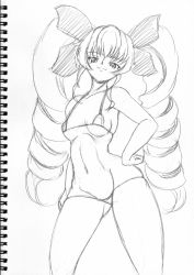 Rule 34 | 10s, 1girl, anchovy (girls und panzer), bikini, blush, breasts, curvy, drill hair, female focus, girls und panzer, green hair, looking at viewer, monochrome, naughty face, navel, nipples, ribbon, shiny skin, smile, solo, swimsuit, thong, traditional media, twintails