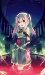 Rule 34 | 1girl, :d, blood, blood on face, chain, fang, hair ornament, highres, horns, in water, lino-lin, looking at viewer, open mouth, original, pointy ears, purple eyes, silver hair, sketch, smile, solo, twintails, wading