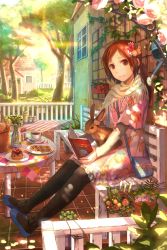 Rule 34 | 1girl, animal, animal on lap, bag, basket, bench, black pantyhose, book, brown eyes, brown hair, building, cake, coffee, cookie, cup, dappled sunlight, day, dorsiflexion, dress, floral print, flower, flower pot, food, food-themed hair ornament, from side, full body, fuzichoco, hair flower, hair ornament, highres, holding, holding book, house, ivy, jewelry, leggings, light smile, looking at viewer, looking to the side, necklace, on lap, open book, original, outdoors, pantyhose, parted bangs, pastry, pink dress, pink flower, pink rose, plant, plate, ponytail, porch, potted plant, print dress, rabbit, railing, revision, rose, salt shaker, satchel, saucer, shadow, shawl, shoulder bag, sitting, solo, strawberry hair ornament, sunlight, table, tablecloth, tile floor, tiles, tree, trellis, trencker, vase, watering can, window
