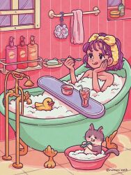 Rule 34 | 1girl, :q, artist name, bar soap, bath, bathroom, bathtub, black eyes, blush, bottle, bubble bath, closed mouth, collarbone, commentary request, cup, drink, drinking straw, eyelashes, fingernails, hairband, hand on own cheek, hand on own face, hands up, highres, holding, holding spoon, ice, ice cube, indoors, licking lips, nail polish, natsumi color, object request, original, pink nails, polka dot, polka dot hairband, purple hair, rubber duck, shampoo bottle, shelf, short hair, smile, soap, solo, spoon, tile floor, tiles, tongue, tongue out, towel, towel on head, towel rack, twitter username, washbowl, window, yellow hairband, yogurt