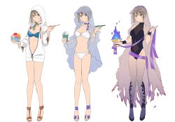 3girls bikini black_one-piece_swimsuit blue_bikini blue_fire bowl bracelet commentary_request cup fire highres holding holding_bowl holding_cup hood hood_up hoodie jewelry multiple_girls multiple_persona o-ring o-ring_bikini one-piece_swimsuit original partially_unzipped purple_sash sandals sash shibakou strapless strapless_bikini swimsuit veil white_bikini white_hoodie