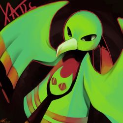 Rule 34 | beak, brown background, character name, colored skin, commentary, creatures (company), dated, dutch angle, game freak, gen 2 pokemon, green skin, looking away, nintendo, no humans, pokemon, pokemon (creature), pokemon gsc, rock-bomber, signature, solo, wings, xatu