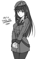 Rule 34 | 1girl, beret, character name, collared shirt, cosplay, dated, english text, female commander (girls&#039; frontline), girls&#039; frontline, greyscale, griffin &amp; kryuger military uniform, grifon&amp;kryuger, hair between eyes, hat, highres, inktober, jacket, long hair, looking at viewer, m4a1 (girls&#039; frontline), military, military jacket, military uniform, monochrome, ndtwofives, necktie, own hands together, pantyhose, shirt, simple background, solo, uniform, very long hair, white background