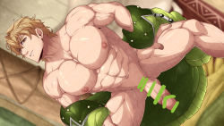 Rule 34 | 1boy, abs, bar censor, bara, bare pectorals, blonde hair, brown eyes, censored, erection, green jacket, highres, jacket, kuroshinki, large pectorals, looking at viewer, male focus, muscular, muscular male, naked jacket, navel, nipples, nu carnival, off shoulder, open clothes, open jacket, paid reward available, parted lips, pectorals, penis, quincy (nu carnival), short hair, solo, thighs