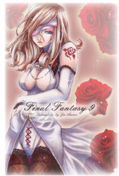 Rule 34 | 00s, 1girl, bare shoulders, beatrix, belt, blue eyes, breasts, brown hair, cleavage, copyright name, detached sleeves, elbow gloves, eyepatch, final fantasy, final fantasy ix, flower, gloves, jewelry, long hair, necklace, rose, solo, tattoo, thighhighs, zin amami
