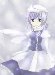 Rule 34 | 1girl, apron, beret, blue dress, dress, expressionless, female focus, grey background, hat, letty whiterock, long sleeves, looking at viewer, silver hair, simple background, snowing, solo, touhou, waist apron, yukishiro mafuyu