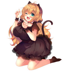 Rule 34 | 1girl, ;d, ahoge, animal ears, black choker, black dress, blush, breasts, brown hair, brown socks, cat ears, cat girl, cat tail, choker, collarbone, commentary request, dress, fang, full body, green eyes, hair between eyes, hair intakes, highres, kneeling, lace, lace-trimmed dress, lace trim, large breasts, looking at viewer, low twintails, no shoes, one eye closed, open mouth, original, polka dot, polka dot legwear, see-through, see-through sleeves, short sleeves, simple background, smile, socks, solo, suzunone rena, tail, twintails, white background, wrist cuffs