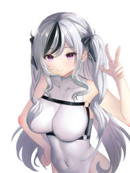 Rule 34 | 1girl, absurdres, azur lane, bare arms, breasts, cleavage, closed mouth, collarbone, commentary, covered navel, cowboy shot, elbe (azur lane), eyelashes, fang, grey hair, hair ornament, hair ribbon, hand on own hip, hand up, highleg, highleg leotard, highres, large breasts, leotard, long bangs, long hair, looking at viewer, multicolored hair, o-ring, parted bangs, purple eyes, raurashun, ribbon, shadow, simple background, skin fang, skin tight, sleeveless, smile, solo, two-tone hair, two side up, w, white background, white leotard