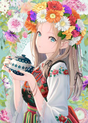 Rule 34 | 1girl, black flower, blue eyes, braid, brown flower, commentary request, floral background, flower, forehead, hair flower, hair ornament, hair ribbon, hands up, highres, holding, hyuuga azuri, lace-trimmed sleeves, lace trim, light brown hair, long hair, long sleeves, looking at viewer, original, parted lips, purple flower, red flower, ribbon, solo, white flower, wide sleeves, yellow flower