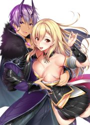 Rule 34 | 1boy, 1girl, :d, bare shoulders, black skirt, black thighhighs, blonde hair, blush, grabbing another&#039;s breast, breasts, cleavage, collarbone, cowboy shot, cross hair ornament, detached collar, frills, grabbing, hair between eyes, hair ornament, hetero, highres, juno (shinsei-maou no venus-hunt), large breasts, long hair, looking at viewer, miniskirt, nironiro, novel illustration, official art, open mouth, pleated skirt, red eyes, shinsei-maou no venus-hunt, shiny skin, simple background, skirt, smile, smirk, spica von spiegelberg, standing, teeth, thighhighs, tongue, white background
