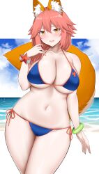 Rule 34 | 1girl, absurdres, animal ears, arind yudha, bangle, bare shoulders, beach, bikini, blue bikini, blue sky, blush, bracelet, breasts, cleavage, cloud, cloudy sky, collarbone, commentary, curvy, day, fang, fate/grand order, fate (series), fingernails, fox ears, fox girl, fox print, fox tail, hair between eyes, highres, jewelry, large breasts, lips, looking at viewer, navel, ocean, open mouth, orange trim, outdoors, pink hair, pink lips, side-tie bikini bottom, skin fang, sky, smile, solo, standing, star ornament, stomach, swimsuit, tail, tamamo (fate), tamamo no mae (fate/extra), tamamo no mae (swimsuit lancer) (fate), thighs, white background, wide hips, wristband, yellow eyes