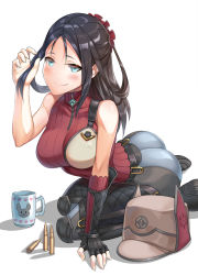 Rule 34 | 1girl, adapted costume, armor, ass, black hair, blue eyes, blue hair, blush, boots, breasts, bullet, cup, fingerless gloves, from behind, gloves, gradient hair, half-closed eyes, hand in own hair, hat, kai schren, long hair, looking at viewer, military, military uniform, mug, multicolored hair, pants, seiza, senjou no valkyria (series), senjou no valkyria 4, shadow, shiny clothes, single glove, sitting, smile, solo, uniform, yaxiya