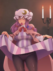 Rule 34 | 1girl, blush, bow, breasts, candelabra, candle, candlestand, clothes lift, come hither, condom, condom in mouth, crescent, hat, highres, huge breasts, long hair, mamigon, mouth hold, panties, panties under pantyhose, pantyhose, patchouli knowledge, purple eyes, purple hair, pussy juice, pussy juice stain, skirt, skirt lift, solo, touhou, underwear, upskirt, wet, wet clothes, wet panties, wet pantyhose