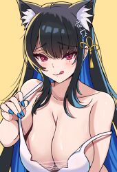Rule 34 | 1girl, absurdres, animal ear fluff, animal ears, black hair, blue hair, blue nails, blush, breasts, cat ears, cleavage, colored inner hair, coubalty, highres, hololive, hololive english, large breasts, long hair, looking at viewer, mole, mole under eye, multicolored hair, nail polish, nerissa ravencroft, red eyes, shirt, sidelocks, solo, tongue, tongue out, virtual youtuber, white shirt