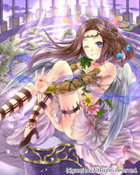 Rule 34 | 1girl, blush, brown hair, circlet, clothes between thighs, company name, detached sleeves, feather hair ornament, feathered wings, feathers, flower, grin, hagoromo, hair ornament, hanekoto, high heels, long hair, no socks, one eye closed, pillar, plant, purple eyes, shawl, sitting, smile, solo, thigh strap, vines, wings