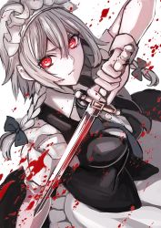 Rule 34 | 1girl, apron, arm up, bad id, bad twitter id, black bow, black ribbon, black skirt, black vest, blood, bow, braid, breasts, commentary request, dagger, frilled apron, frills, hair between eyes, hair bow, highres, holding, holding dagger, holding knife, holding weapon, izayoi sakuya, jan (lightdragoon), knife, looking at viewer, maid, maid apron, maid headdress, medium breasts, neck ribbon, puffy short sleeves, puffy sleeves, red eyes, ribbon, shirt, short hair, short sleeves, silver hair, simple background, skirt, solo, touhou, twin braids, upper body, v-shaped eyebrows, vest, waist apron, weapon, white apron, white background, white shirt, wrist cuffs