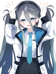 Rule 34 | 1girl, absurdres, aris (blue archive), black hair, blue archive, highres, long hair, looking at viewer, necktie, nishimiya aki, open mouth, shirt, simple background, smile, solo, white shirt
