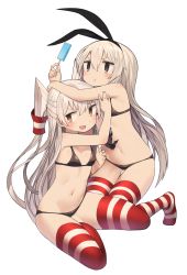 Rule 34 | &gt;:t, 10s, 2girls, :d, :t, amatsukaze (kancolle), anchor hair ornament, arm on own head, bare shoulders, bikini, black bikini, black eyes, black ribbon, blush, breasts, brown eyes, food, full body, hair between eyes, hair ornament, hair tubes, hairband, hand on another&#039;s arm, harau, highres, holding, kantai collection, kneeling, long hair, looking away, looking to the side, matching outfits, multiple girls, navel, no shoes, open mouth, palms, popsicle, pout, red legwear, ribbon, shimakaze (kancolle), silver hair, simple background, sitting, small breasts, smile, stomach, string bikini, striped clothes, striped legwear, striped thighhighs, swimsuit, thigh gap, thighhighs, two side up, v-shaped eyebrows, very long hair, white background
