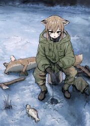 1girl absurdres animal animal_ears axe bag battle_rifle black_footwear black_gloves boots brown_hair bucket ears_down fish fishing fox fox_ears fox_girl fox_girl_(yihan_world) fox_tail gloves grass green_jacket green_pants gun highres ice ice_fishing jacket m14 m21 original outdoors pants rifle sitting solo tail tongue tongue_out weapon winter yihan_world