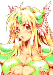 Rule 34 | 144 (riesztan), 1girl, bad id, bad pixiv id, blonde hair, blue eyes, breasts, large breasts, long hair, looking at viewer, riesz, seiken densetsu, seiken densetsu 3, simple background, solo, square enix, white background