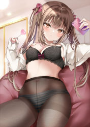 Rule 34 | 1girl, black bra, blush, bow, bow bra, bow panties, bra, breasts, brown hair, candy, food, frown, high-waist pantyhose, holding, holding phone, lollipop, looking at viewer, medium breasts, midriff, nail polish, navel, original, panties, panties under pantyhose, pantyhose, phone, pon (ponidrop), see-through, solo, striped clothes, striped panties, twintails, underwear
