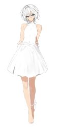 Rule 34 | 1girl, absurdres, arms behind back, barefoot, dress, highres, lunch (lunchicken), original, short hair, solo, standing, white background, white dress, white hair