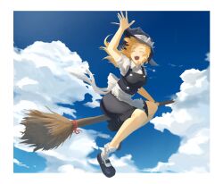 Rule 34 | 1girl, apron, black dress, black footwear, black hat, blonde hair, blue sky, bow, braid, breasts, broom, broom riding, buttons, closed eyes, cloud, collared shirt, commentary request, day, dress, flying, full body, hair bow, hat, hat bow, highres, howah18, jewelry, kirisame marisa, long hair, mary janes, medium breasts, necklace, open mouth, outdoors, pinafore dress, shirt, shoes, short sleeves, single braid, sky, sleeveless, sleeveless dress, smile, socks, solo, star (symbol), star necklace, teeth, touhou, upper teeth only, waist apron, waving, white apron, white bow, white shirt, witch hat