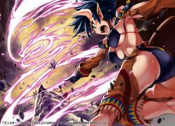 Rule 34 | 1girl, 4boys, ass, belt, bikini, black hair, breasts, chaps, character request, cloud, colored skin, demon horns, covered erect nipples, fangs, from below, gloves, green eyes, hayashi keita, hill, horns, large breasts, magic, monster collection, multiple boys, official art, oni, open mouth, original, outdoors, pointing, pointy ears, red skin, screaming, short hair, sky, solo focus, swimsuit, tornado, underboob