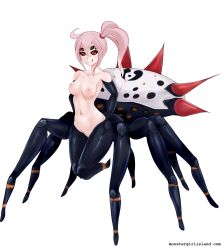 Rule 34 | 1girl, :q, adeline (monster girl island), arachne, arthropod girl, breasts, extra eyes, highres, insect girl, long hair, monster girl, monster girl island, nipples, nude, pink hair, red eyes, redamz, side ponytail, sidelocks, solo, spider girl, taur, tongue, tongue out, watermark, web address, white background