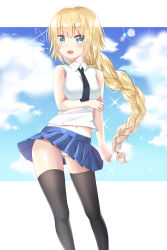 Rule 34 | 1girl, absurdres, aro 1801, artist name, bare shoulders, black necktie, black thighhighs, blonde hair, blue eyes, blue skirt, blue sky, blush, braid, breasts, cloud, commentary request, fate/grand order, fate (series), highres, jeanne d&#039;arc (fate), jeanne d&#039;arc (girl from orleans) (fate), jeanne d&#039;arc (ruler) (fate), large breasts, long braid, long hair, looking at viewer, miniskirt, navel, necktie, outdoors, panties, shirt, single braid, skirt, sky, sleeveless, sleeveless shirt, smile, solo, thighhighs, underwear, very long hair, white panties, white shirt