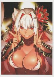 Rule 34 | 1girl, absurdres, animal ear fluff, animal ears, bow, bowtie, breasts, cleavage, closed mouth, collarbone, double v, fang, fate/grand order, fate/grand order arcade, fate (series), fingernails, hair ornament, hands up, highres, large breasts, lips, long hair, looking at viewer, multicolored hair, nail polish, red eyes, red hair, scan, shiny skin, smile, solo, suzuka gozen (fate), takenoko seijin, upper body, v, white hair, wide sleeves