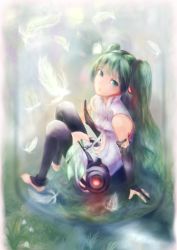 Rule 34 | 1girl, absurdres, aqua eyes, aqua hair, barefoot, bridal gauntlets, elbow gloves, feathers, female focus, fingerless gloves, from above, full body, gloves, hatsune miku, hatsune miku (append), highres, long hair, nature, outdoors, ryuumi, sitting, solo, toeless legwear, twintails, very long hair, vocaloid, vocaloid append