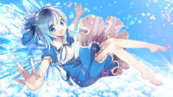 Rule 34 | 1girl, asamiyajy, barefoot, blue dress, blue eyes, blue hair, bow, cirno, dress, hair bow, ice, ice wings, matching hair/eyes, open mouth, puffy sleeves, ribbon, short hair, smile, solo, touhou, wings