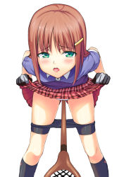 Rule 34 | 1girl, bad id, bad pixiv id, bent over, between legs, bike shorts, bike shorts pull, blush, brown hair, checkered clothes, checkered skirt, clothes lift, clothes pull, elal (goma abura), gloves, green eyes, highres, lacrosse, open mouth, panties, shorts, shorts pull, simple background, skirt, skirt lift, socks, solo, spats pull, tears, teeth, tongue, underwear, upskirt, white background, white panties