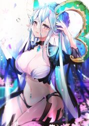 Rule 34 | 1girl, absurdres, aqua hair, blue panties, blue shirt, blue thighhighs, blush, braid, breasts, choker, cleavage, cropped shirt, curled horns, fate/grand order, fate (series), felnemo, hair between eyes, highleg, highleg panties, highres, horns, jewelry, large breasts, larva tiamat (fate), larva tiamat (third ascension) (fate), long hair, looking at viewer, navel, open mouth, panties, pendant, pink eyes, pointy ears, shirt, shrug (clothing), sidelocks, sitting, smile, solo, stomach tattoo, striped clothes, striped sleeves, striped thighhighs, symbol-shaped pupils, tail, tattoo, thighhighs, thighs, tiamat (fate), underwear, very long hair, wariza