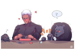 Rule 34 | 1boy, ?, black fur, black shirt, dark skin, flower, glaugan, knitting, lion, looking down, male focus, original zero, phy lucius, red eyes, scissors, shirt, short hair, simple background, speech bubble, stuffed toy, the king of fighters, tongue, tongue out, white background, white hair