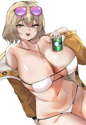 Rule 34 | 1girl, :d, ahoge, anis (nikke), anis (sparkling summer) (nikke), bare shoulders, bikini, blush, breasts, can, cleavage, eyepatch bikini, eyewear on head, goddess of victory: nikke, highres, holding, holding can, jacket, jewelry, large breasts, light brown hair, looking at viewer, navel, necklace, off-shoulder jacket, off shoulder, official alternate costume, open mouth, pink-tinted eyewear, short hair, side-tie bikini bottom, simple background, smile, solo, string bikini, sunglasses, swimsuit, tinted eyewear, unknownnoname0, white background, white bikini, yellow eyes, yellow jacket