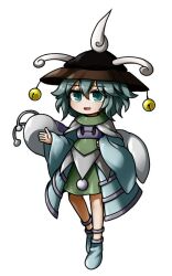 Rule 34 | 1other, ajirogasa, androgynous, antennae, bell, blue footwear, blue sleeves, commentary, dress, full body, green dress, green eyes, green hair, hair between eyes, hand on own hip, hand up, hat, hat bell, kesa kujiru, len&#039;en, open mouth, other focus, short hair, simple background, slug, smile, solo, symbol-only commentary, websci 3357, white background, wide sleeves