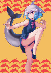 Rule 34 | 1girl, alternate costume, blue dress, blue eyes, blue footwear, blue hair, blue nails, blue panties, blush, cetacean tail, china dress, chinese clothes, common bottlenose dolphin (kemono friends), dolphin girl, dress, fins, fish tail, gradient hair, grey hair, highres, kemono friends, kosai takayuki, leg up, looking away, multicolored hair, panties, pantyshot, parted lips, short hair, solo, tail, underwear