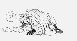 Rule 34 | 1boy, boku no hero academia, boots, facial hair, feathered wings, feathers, fur trim, gloves, goggles, goggles on head, hawks (boku no hero academia), horikoshi kouhei, jacket, japanese text, long sleeves, lying, male focus, monochrome, official art, on side, pants, short hair, simple background, sleeves past elbows, solo, solo focus, speech bubble, stubble, white background, wings